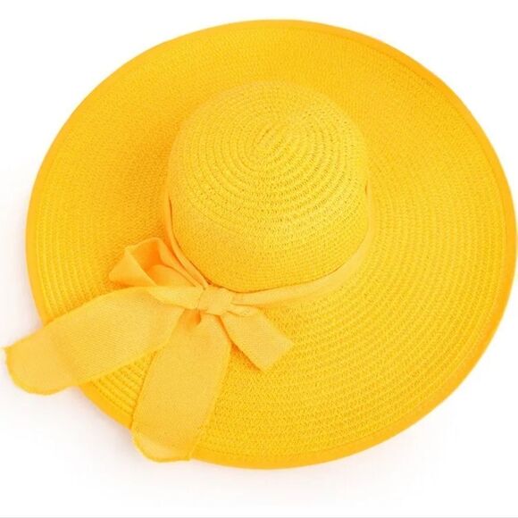 New Yellow straw beach sun hat with bow - Picture 1 of 6